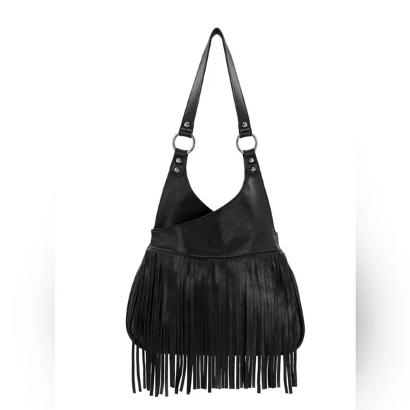Patricia Nash Black Leather Fringe Shoulder Bag
